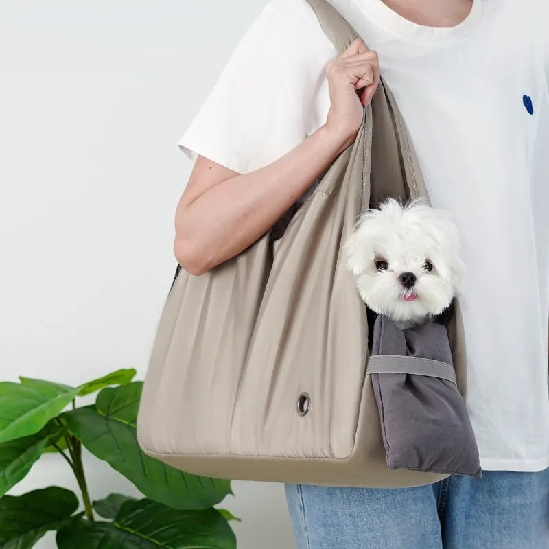 Apricot-coloured cloth pet carrier bag with shoulder strap, medium size for small dogs and cats