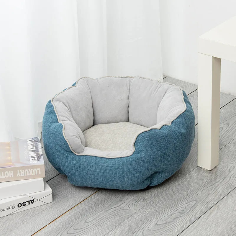 Octagonal pet bed with removable mats in blue colour with soft wool point design