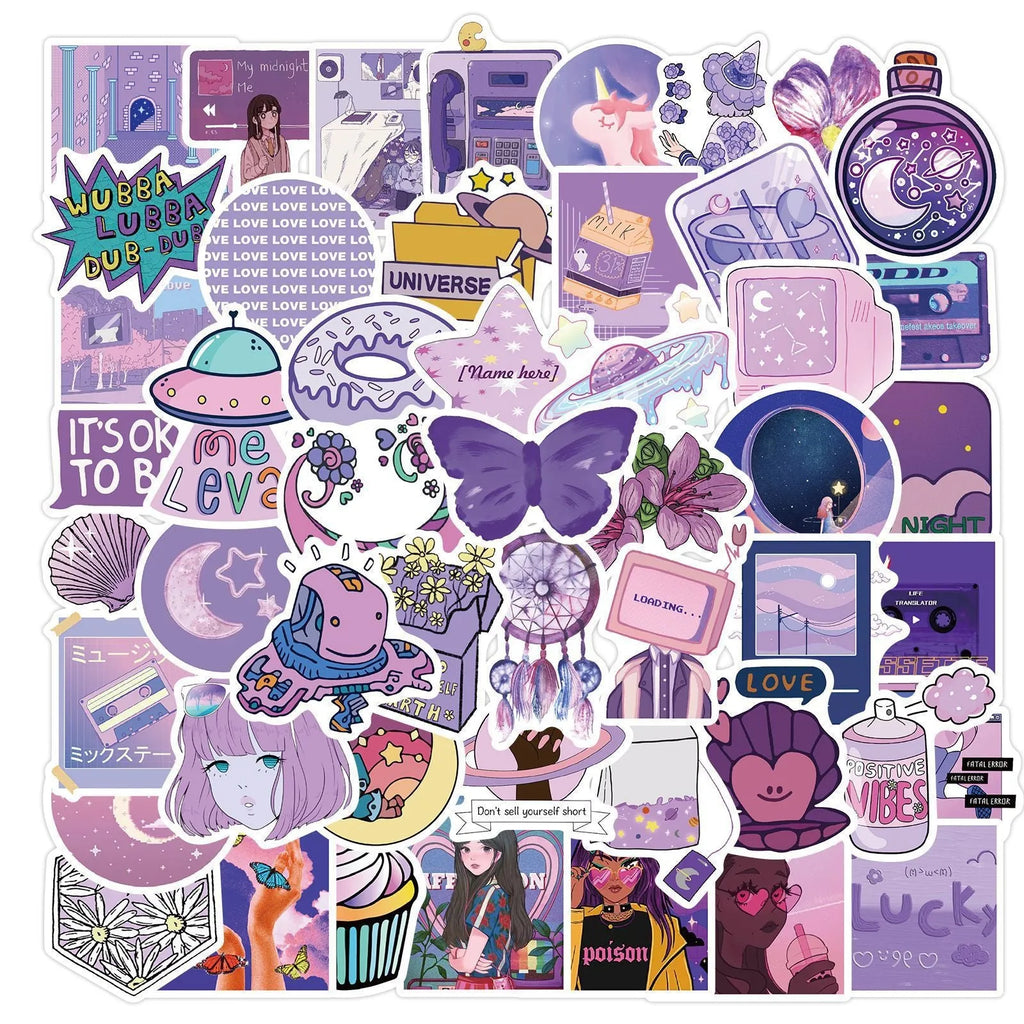 Purple graffiti cartoon skin self-adhesive stickers for luggage, 50 pack, each sticker 4-6cm