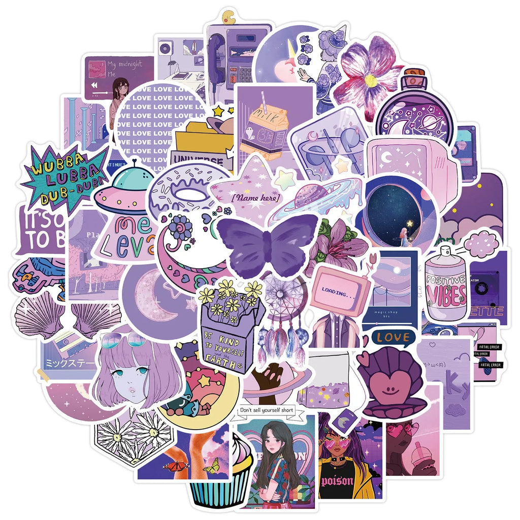 Purple graffiti cartoon skin self-adhesive stickers for luggage, 50 pack, each sticker 4-6cm