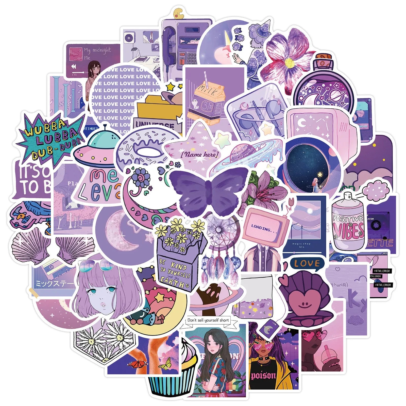 Purple graffiti cartoon skin self-adhesive stickers for luggage, 50 pack, each sticker 4-6cm
