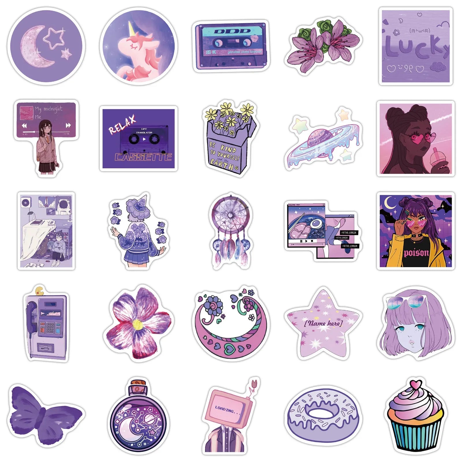 Purple graffiti cartoon skin self-adhesive stickers for luggage, 50 pack, each sticker 4-6cm