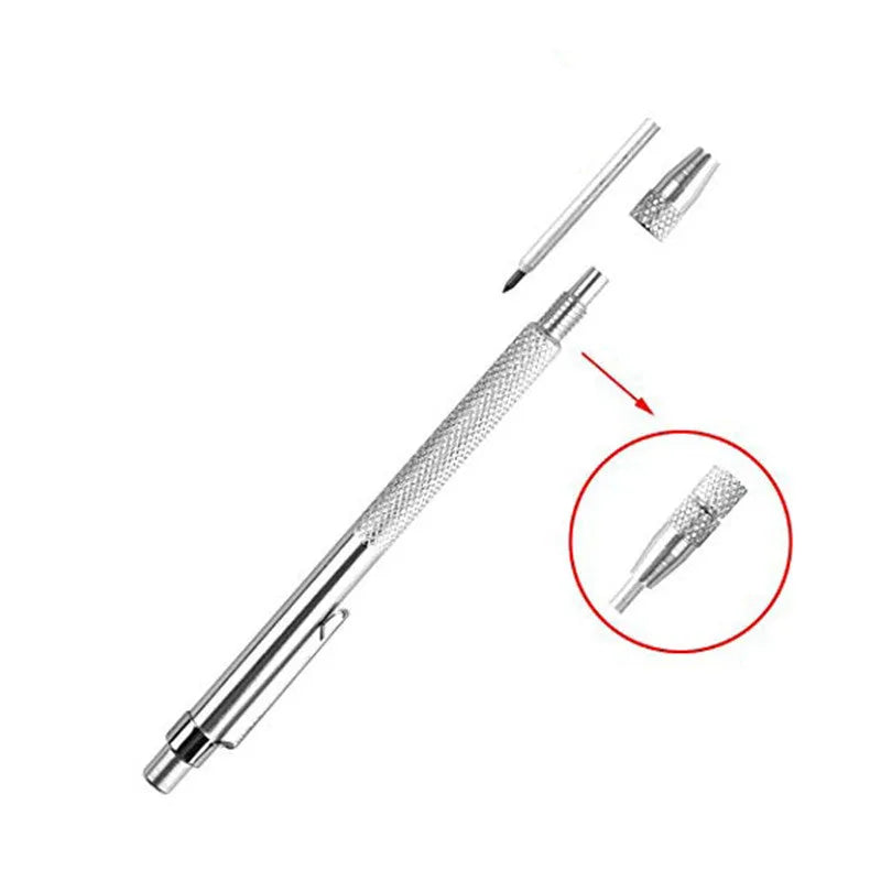 Silver aluminium glass marking pen with tungsten carbide tip on a white background
