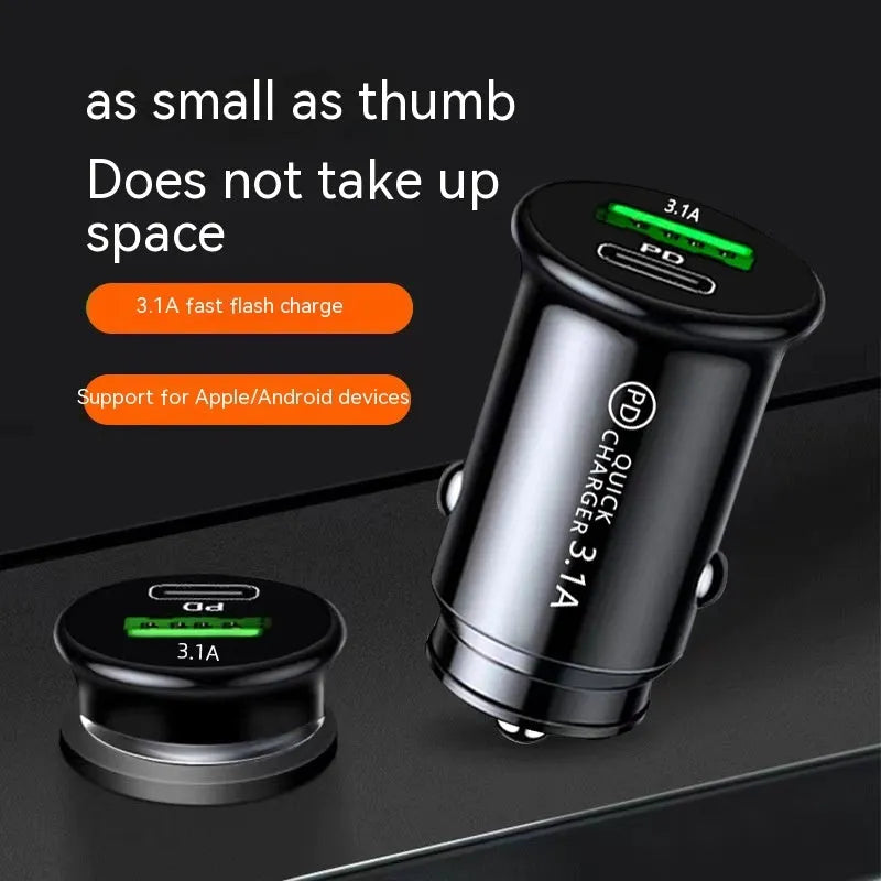 Dual USB port car charger converter in black bare metal with cigarette lighter plug