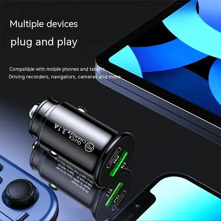 Dual USB port car charger converter in black bare metal with cigarette lighter plug