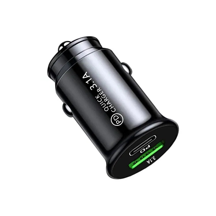 Dual USB port car charger converter in black bare metal with cigarette lighter plug