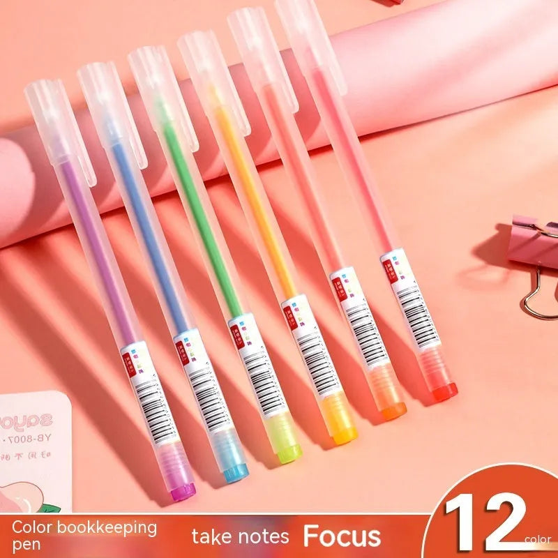 Boxed set of twelve assorted colour gel pens with 0.5 mm tips and bagged refills.
