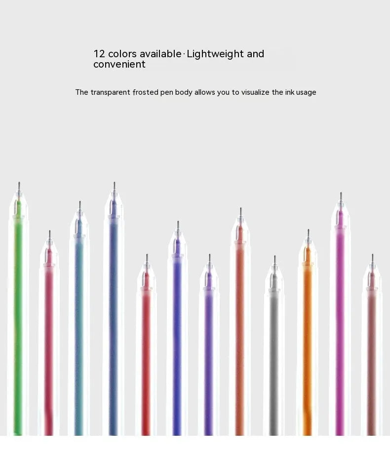 Boxed set of twelve assorted colour gel pens with 0.5 mm tips and bagged refills.