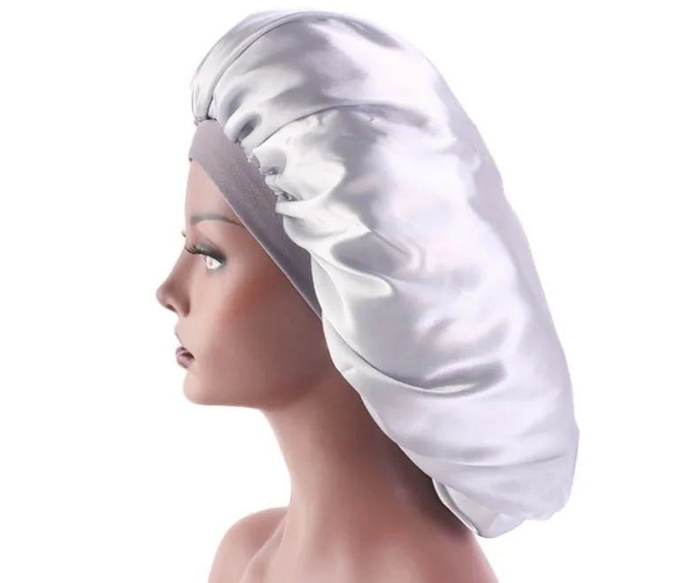 Beauty print satin silk sleep bonnet in polyester spandex, 14 styles A-N, shown in assorted colours.