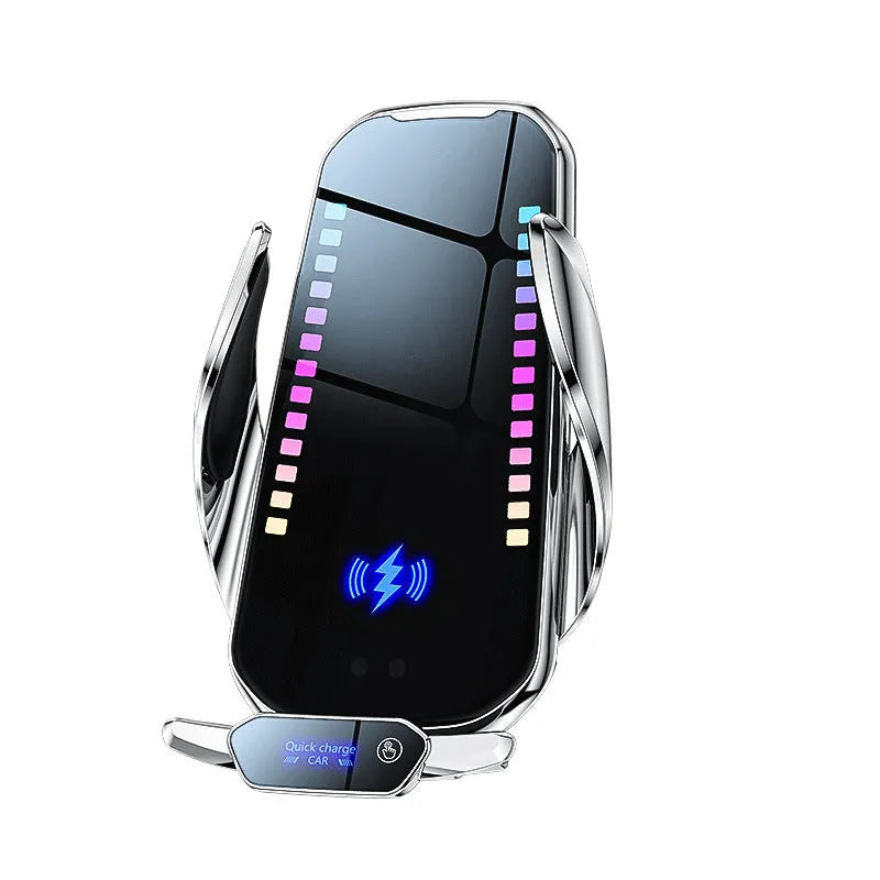 Silver car phone holder with wireless charging pad and electric clamp on suckered base