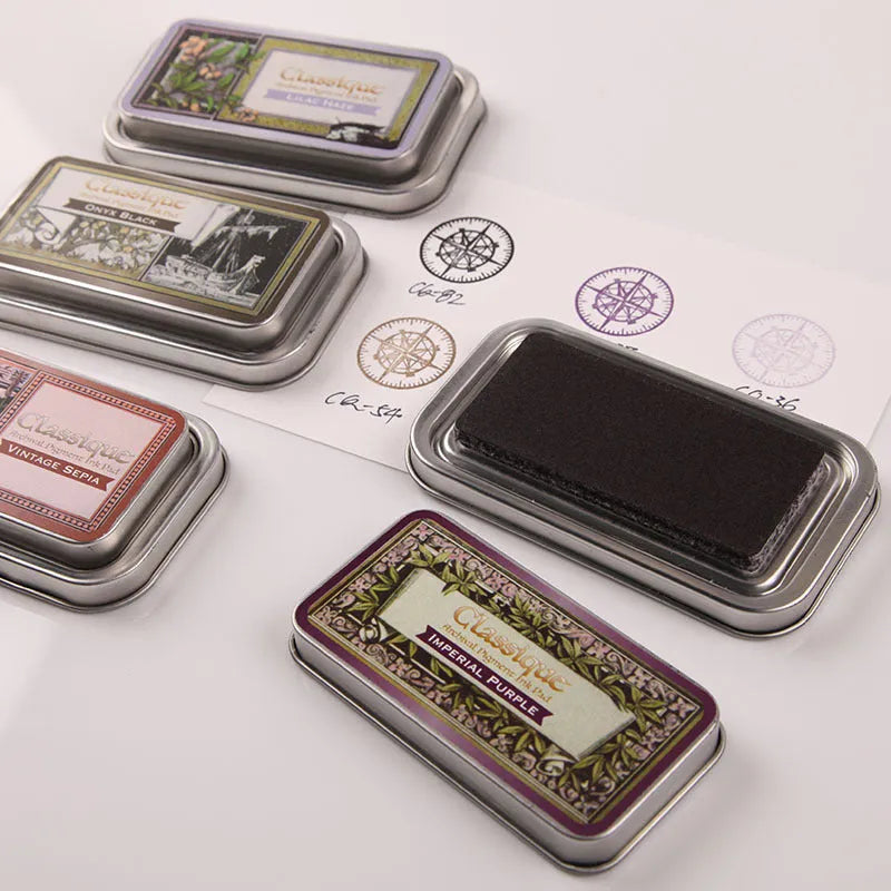 Rectangular quick-drying oily ink pad for rubber stamps in five colours.
