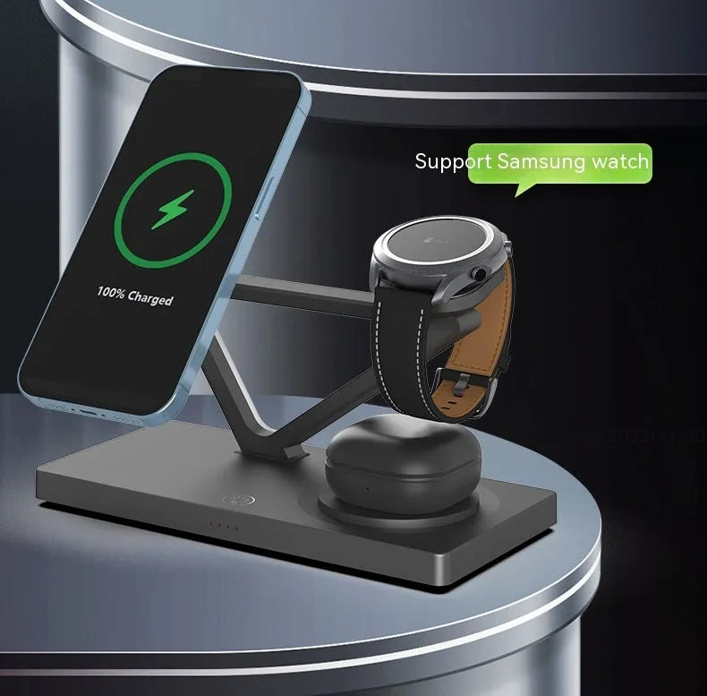 Small black and white wireless charging night lamp with multiple charging stations for phones, watches, and headphones