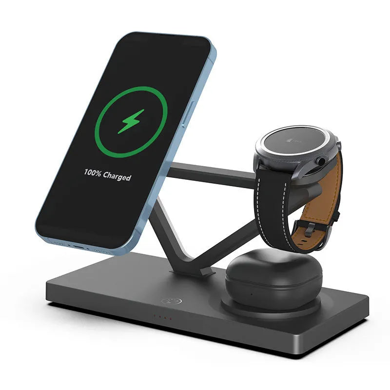 Small black and white wireless charging night lamp with multiple charging stations for phones, watches, and headphones