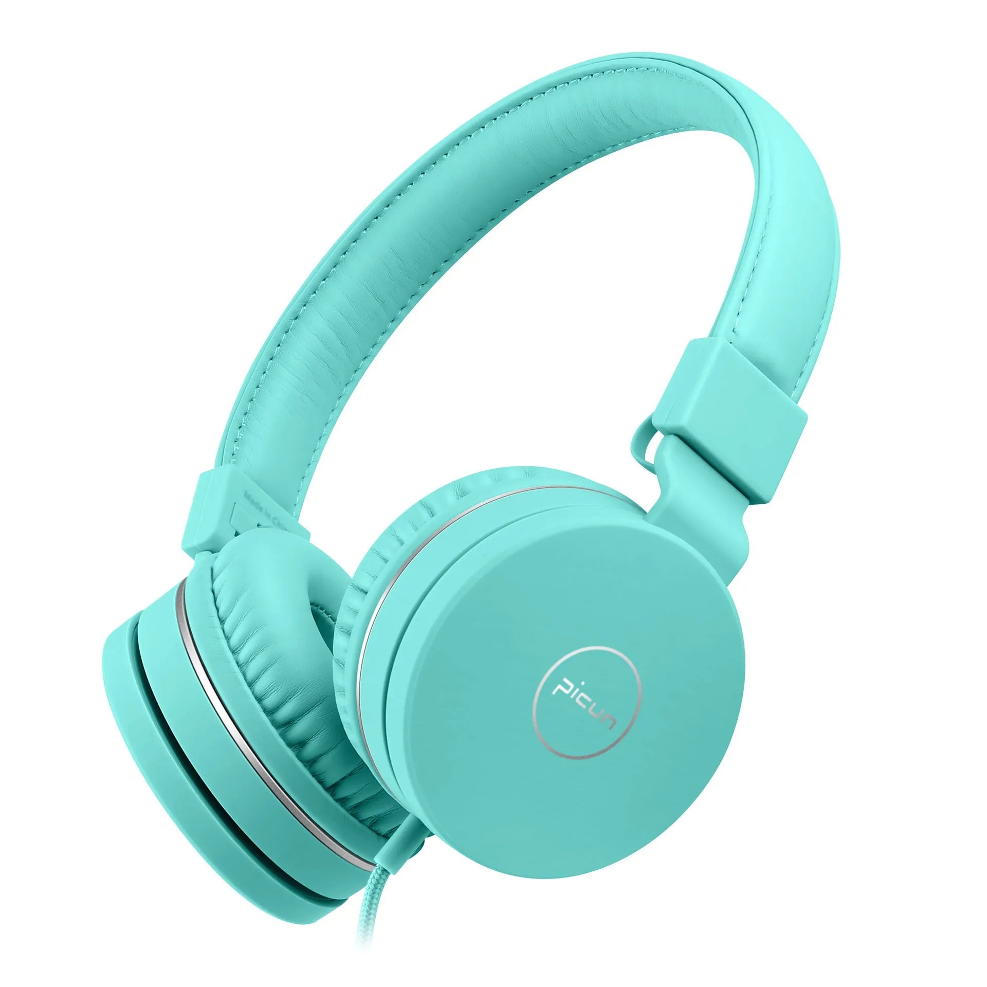 Bengoo C30 wired over-ear headphones with microphone in mint green, showing protein ear cushions and braided cable.