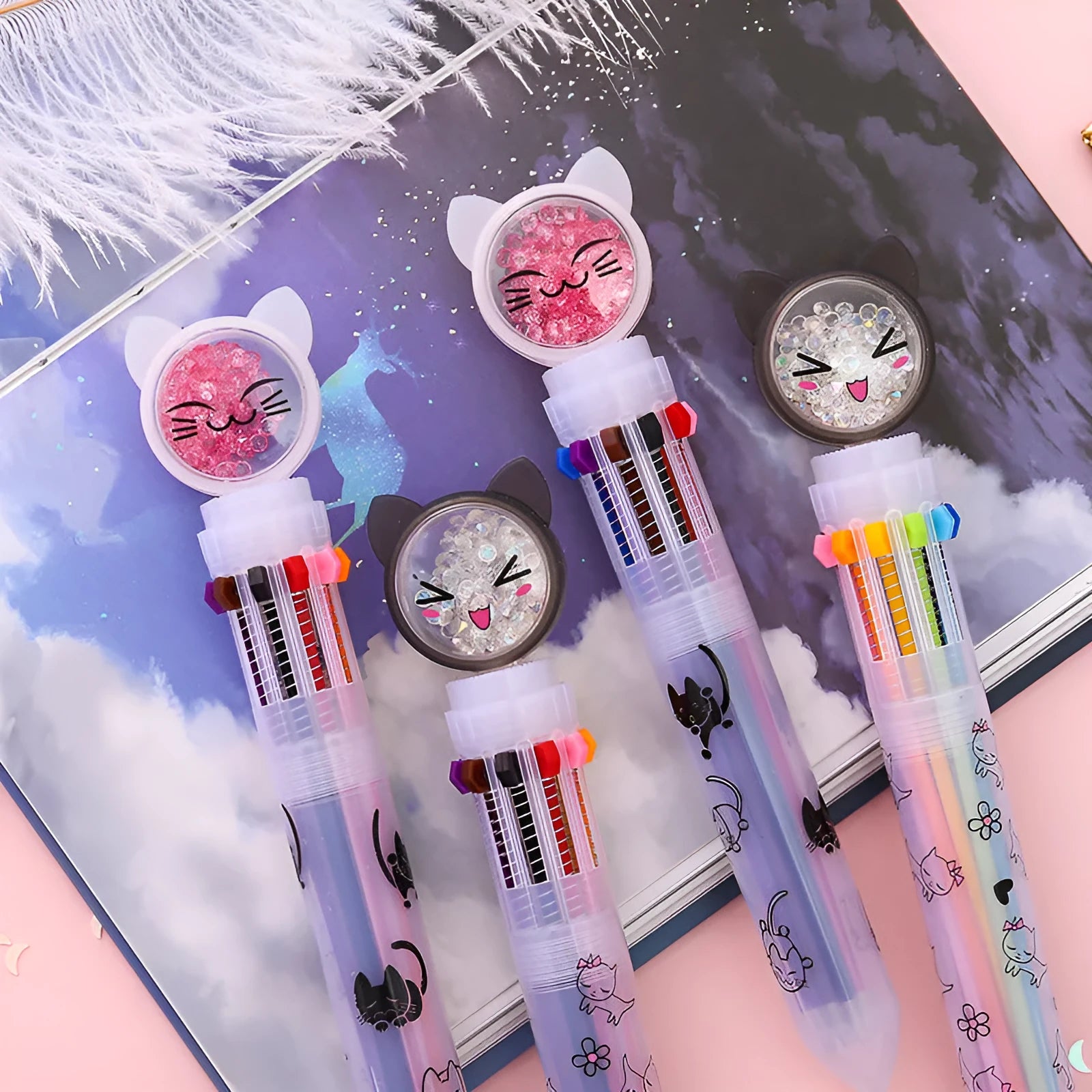 Cute cat design ten-colour 0.5mm push-type mechanical pencil, 15cm length.