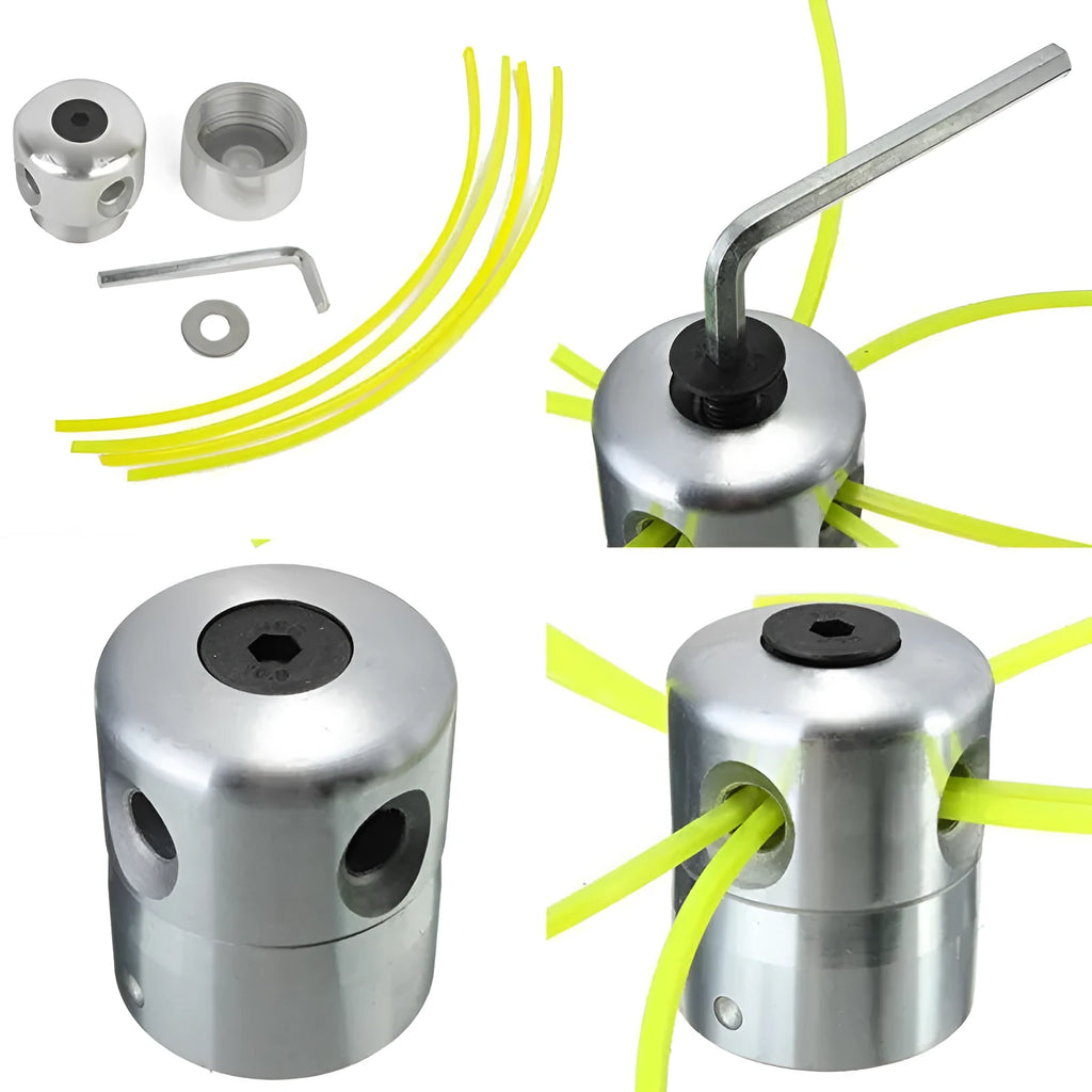 Silver aluminium Luzhu lawn mower grass head accessory with four square light yellow grass lines and a wrench.