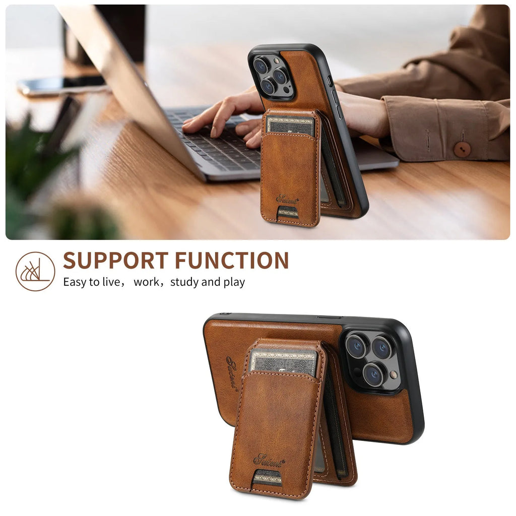 Black magnetic card holder phone case for iPhone with bracket stand, PU TPU handmade finish
