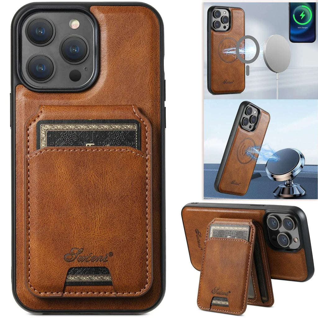 Black magnetic card holder phone case for iPhone with bracket stand, PU TPU handmade finish