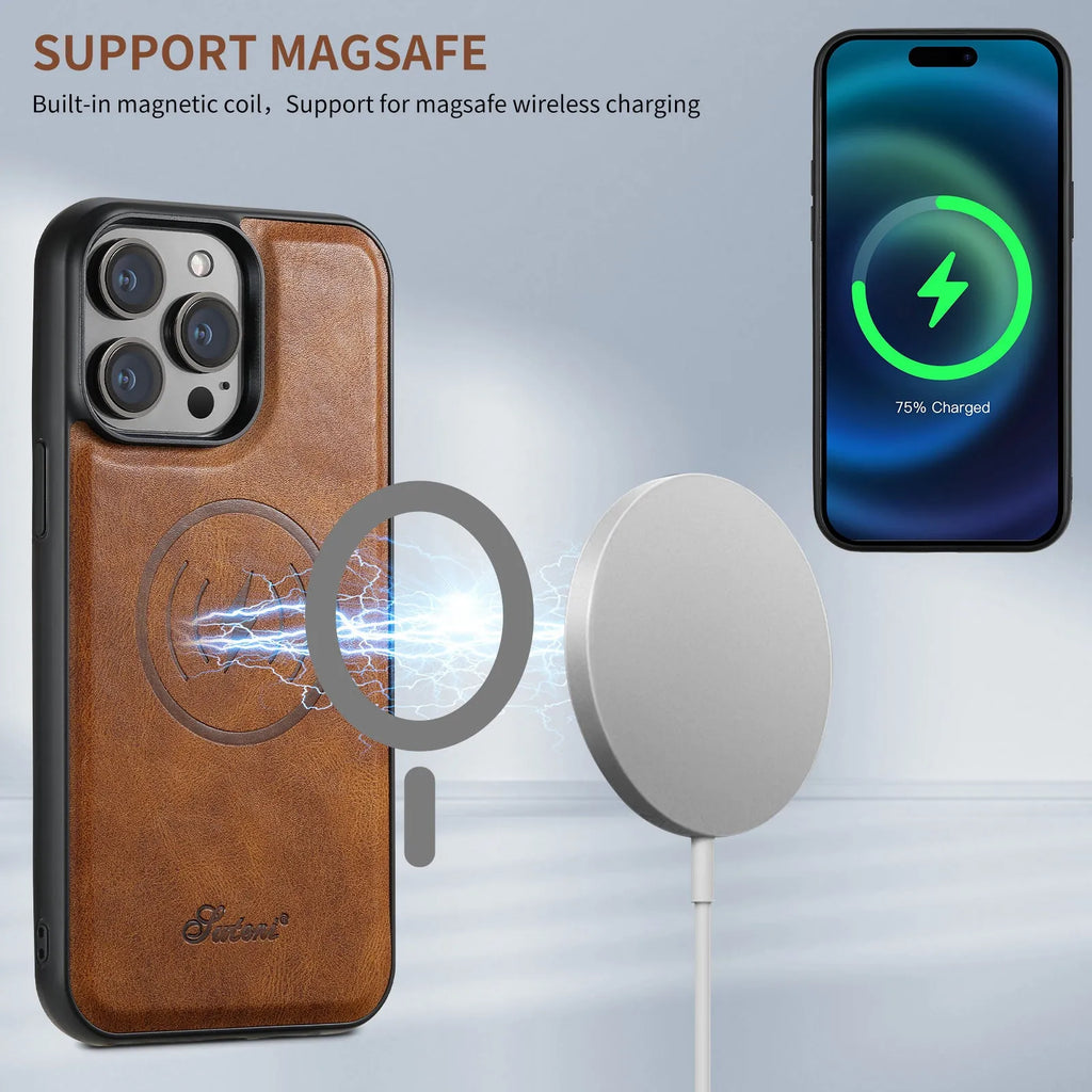 Black magnetic card holder phone case for iPhone with bracket stand, PU TPU handmade finish