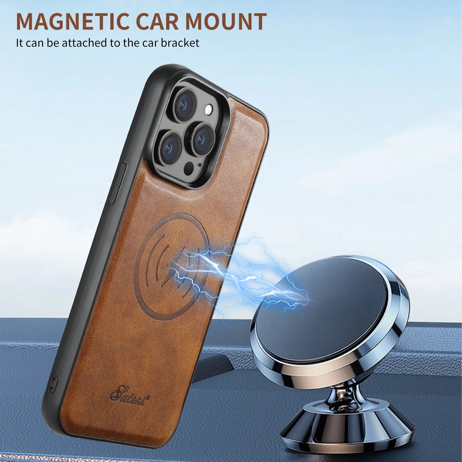 Black magnetic card holder phone case for iPhone with bracket stand, PU TPU handmade finish