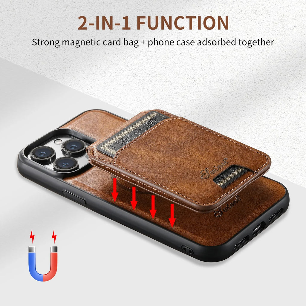 Black magnetic card holder phone case for iPhone with bracket stand, PU TPU handmade finish