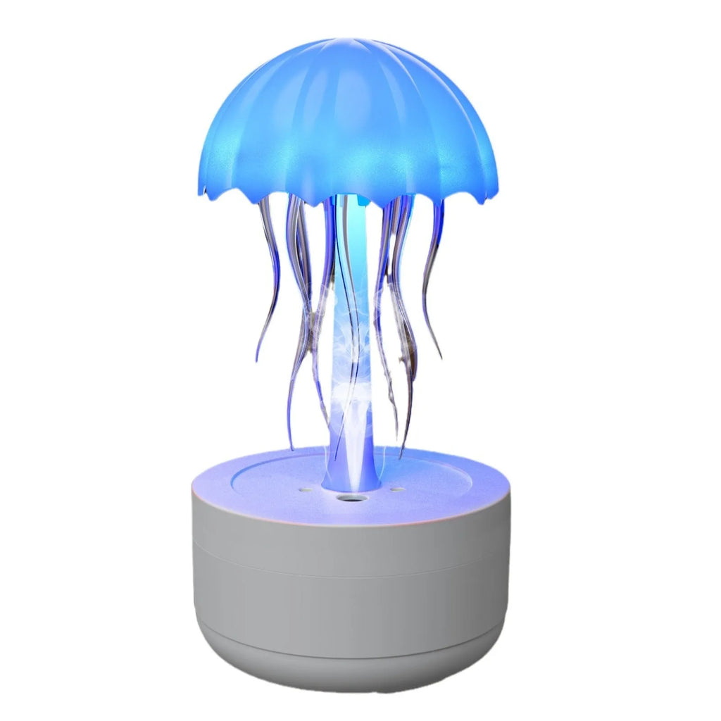 White jellyfish design humidifier diffuser with colourful night lights on desk