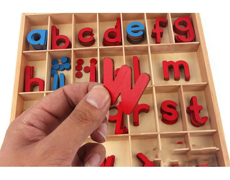 Montessori active letter box set with beech wood letter box and carpet on a table