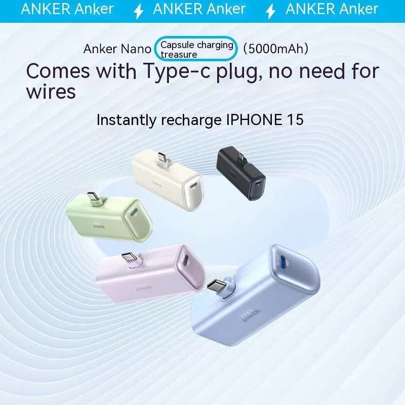 Capsule-shaped 5000mAh power bank in multiple colours showing compact 77x36x25mm size with Type C port
