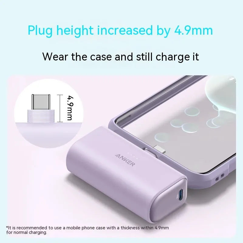 Capsule-shaped 5000mAh power bank in multiple colours showing compact 77x36x25mm size with Type C port