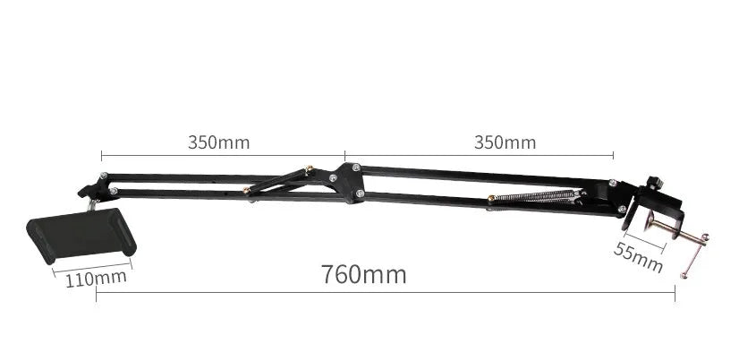 Adjustable black phone and tablet stand with 10cm base on a wooden desk