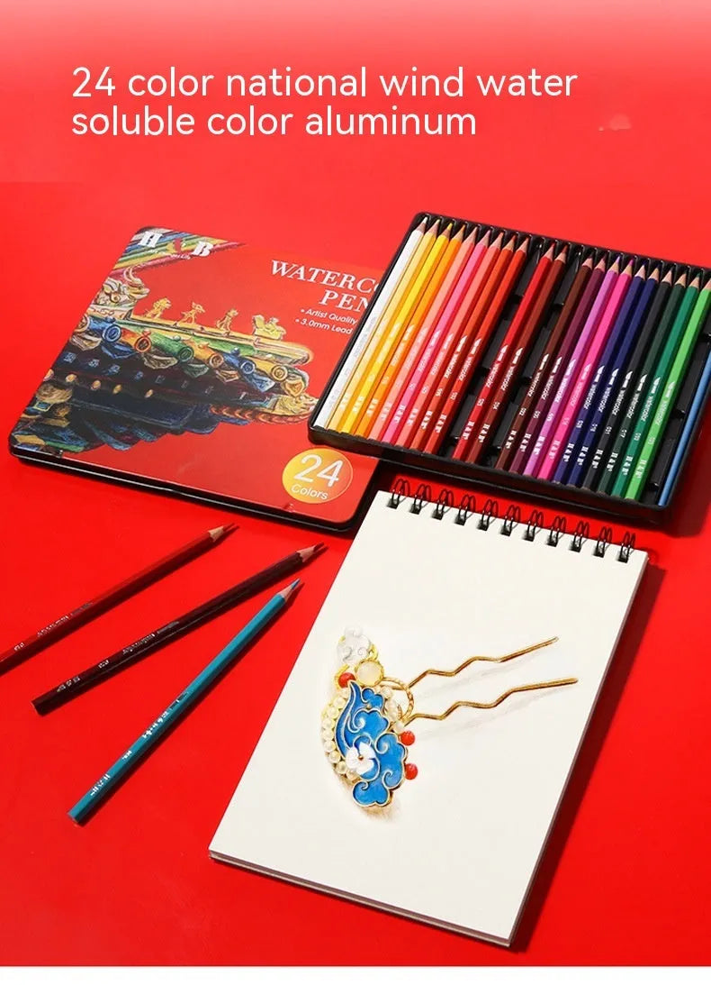 Water-soluble coloured pencil set with 24 colours in a protective iron art box