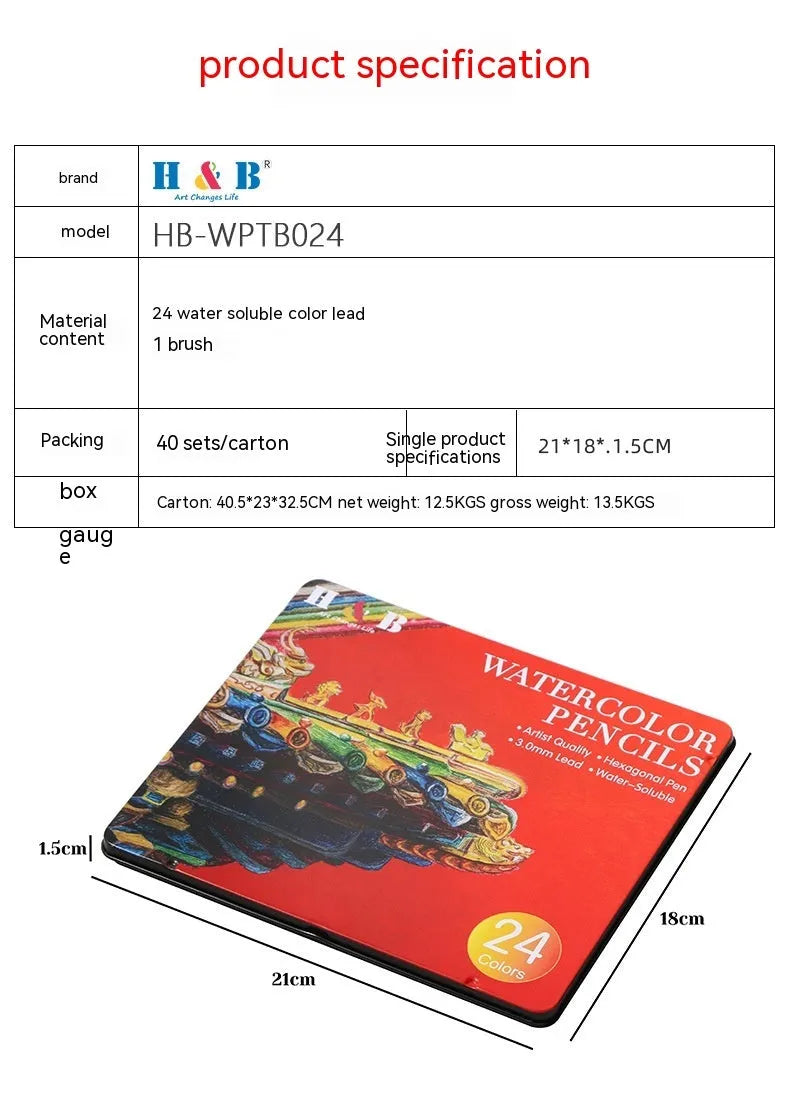 Water-soluble coloured pencil set with 24 colours in a protective iron art box