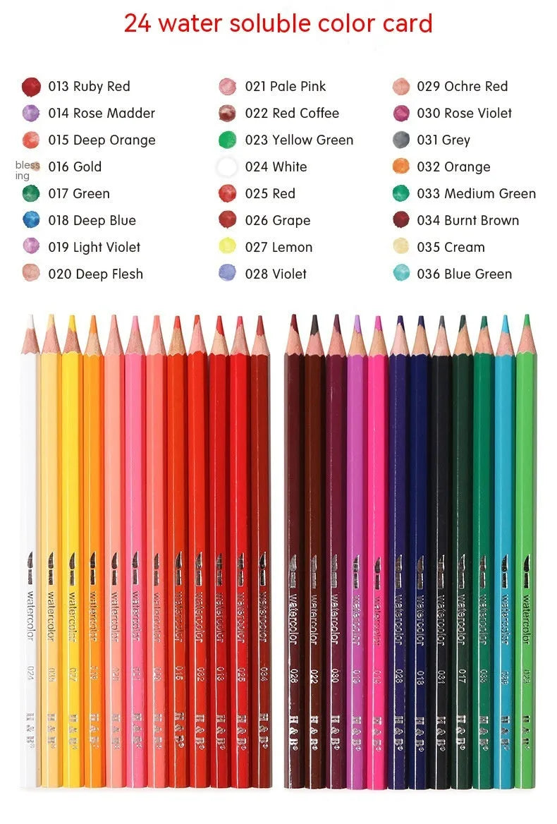 Water-soluble coloured pencil set with 24 colours in a protective iron art box