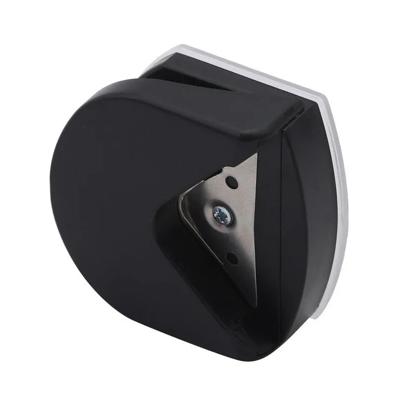 Black, blue, and pink plastic and metal business card corner cutter tool on a white background.