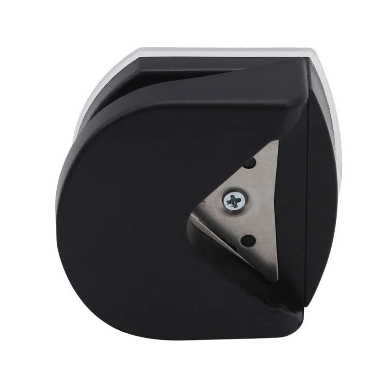 Black, blue, and pink plastic and metal business card corner cutter tool on a white background.