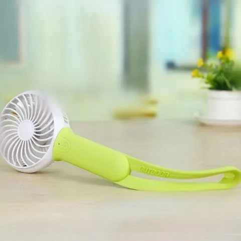 Portable USB rechargeable desk fan with LED light in blue, green, grey, or pink colours