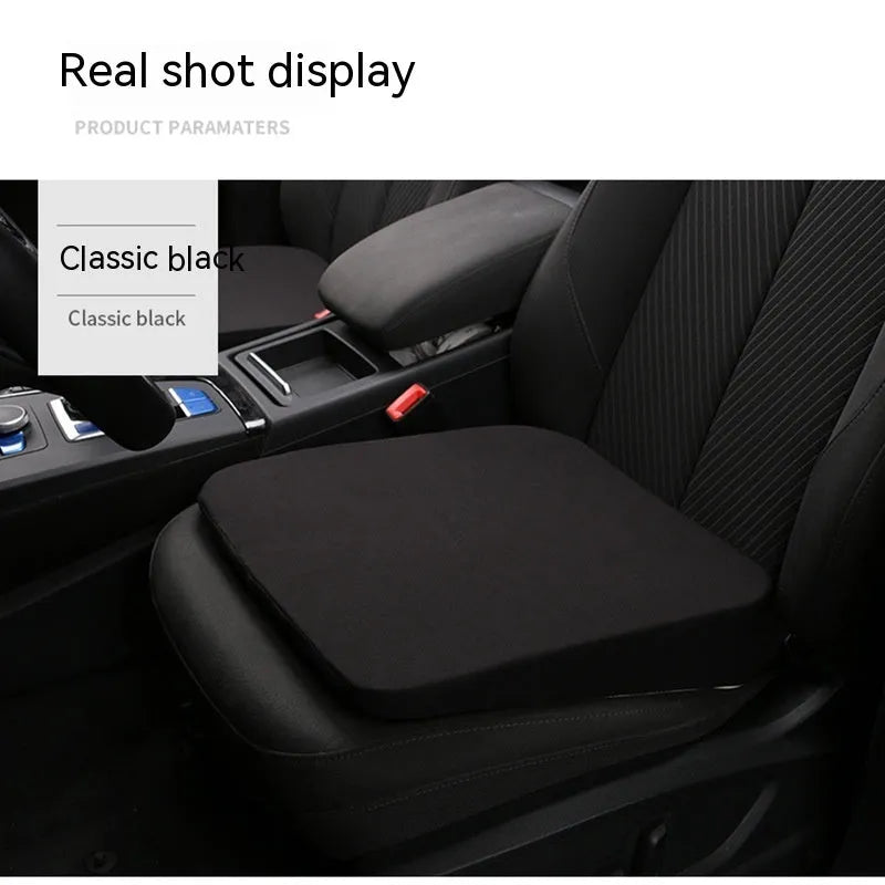 Black thick car seat cushion measuring 42cm by 39cm by 6cm for height and posture support.