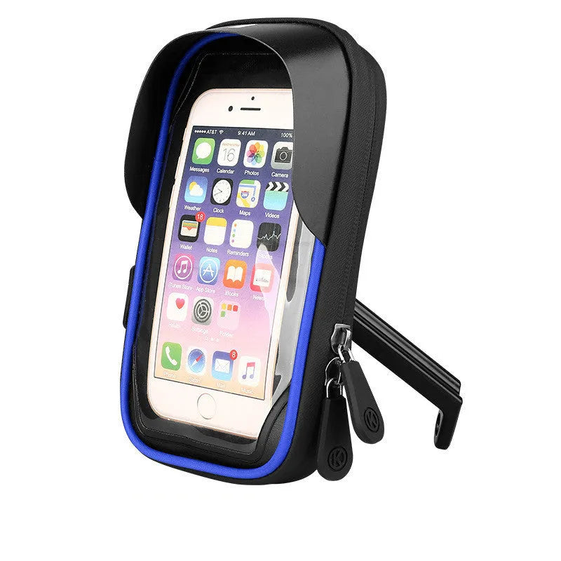 Black mobile phone mount for bicycle handlebars with waterproof zipper, showing touch-sensitive TPU front.