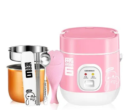 Small round blue and black miniature automatic rice cooker with steam pan on a kitchen counter.