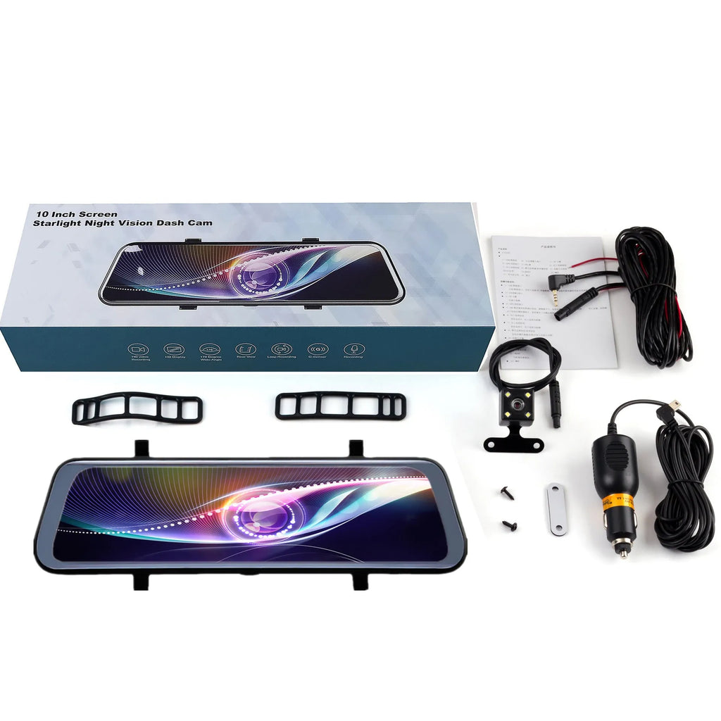 Black rearview mirror driving recorder with 10-inch touch screen display mounted in vehicle