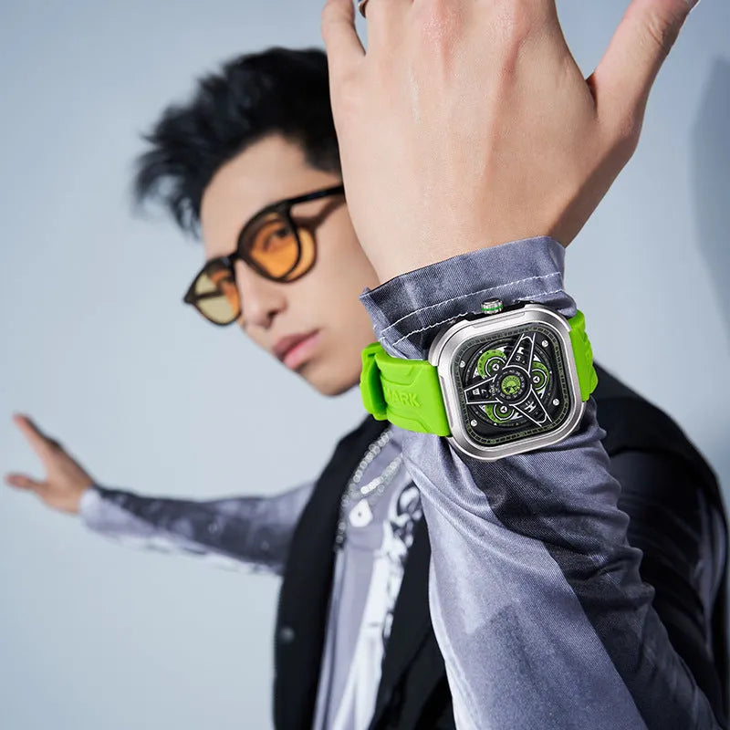 Men's waterproof luminous quartz watch with 44x44mm metal case and silicone strap in black