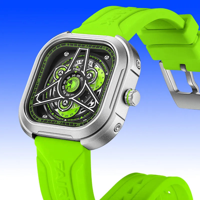 Men's waterproof luminous quartz watch with 44x44mm metal case and silicone strap in black