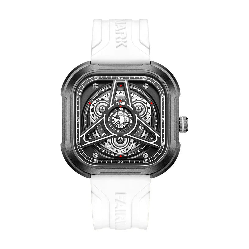 Men's waterproof luminous quartz watch with 44x44mm metal case and silicone strap in black