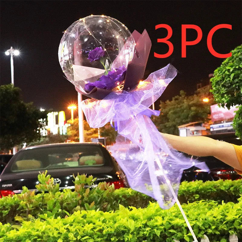 DIY LED luminous balloon rose bouquet set with transparent Bobo balls and LED lights on artificial flowers