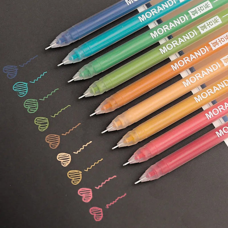 Set of nine retro colour gel pens with 0.5mm needle tips arranged in a pack.