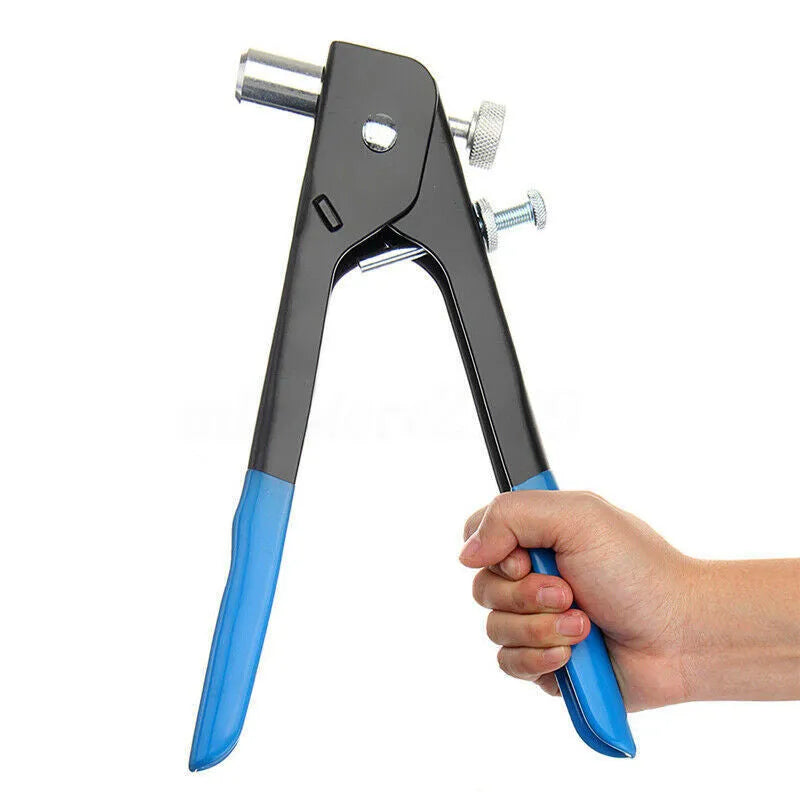 Alloy steel manual riveter tool with assortment of rivet nuts and mandrels from the nut gun set.