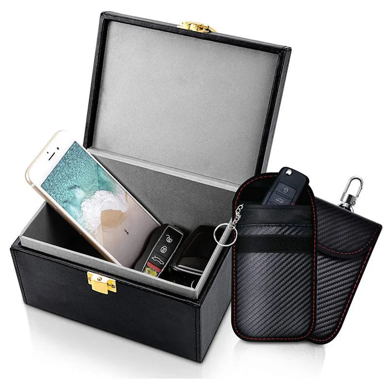Carbon fibre pattern RFID shielding box with two matching key cases for card and key protection