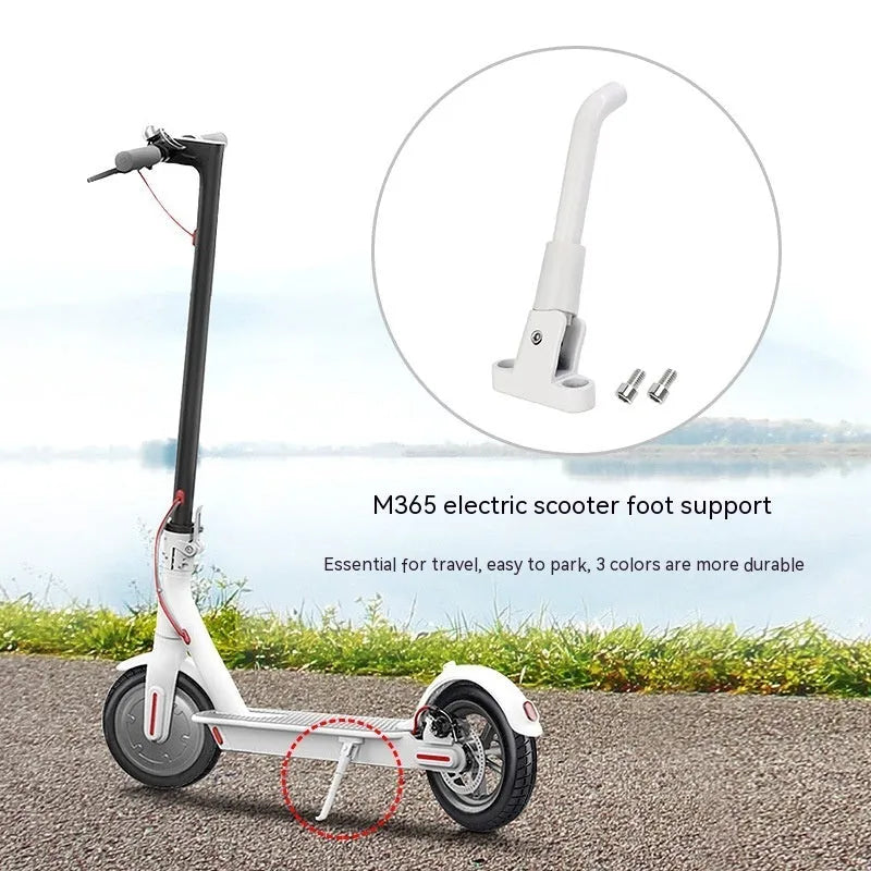 Aluminium alloy electric scooter foot brace accessory in black, white and grey colours with mounting screws