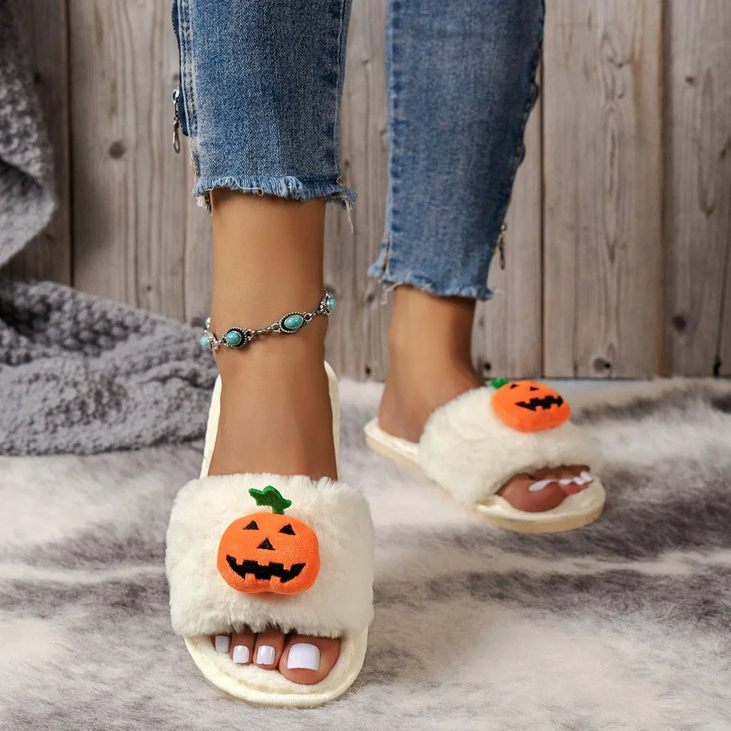 Yellow Halloween pumpkin plush open-toe slippers with synthetic fur and anti-slip PVC soles