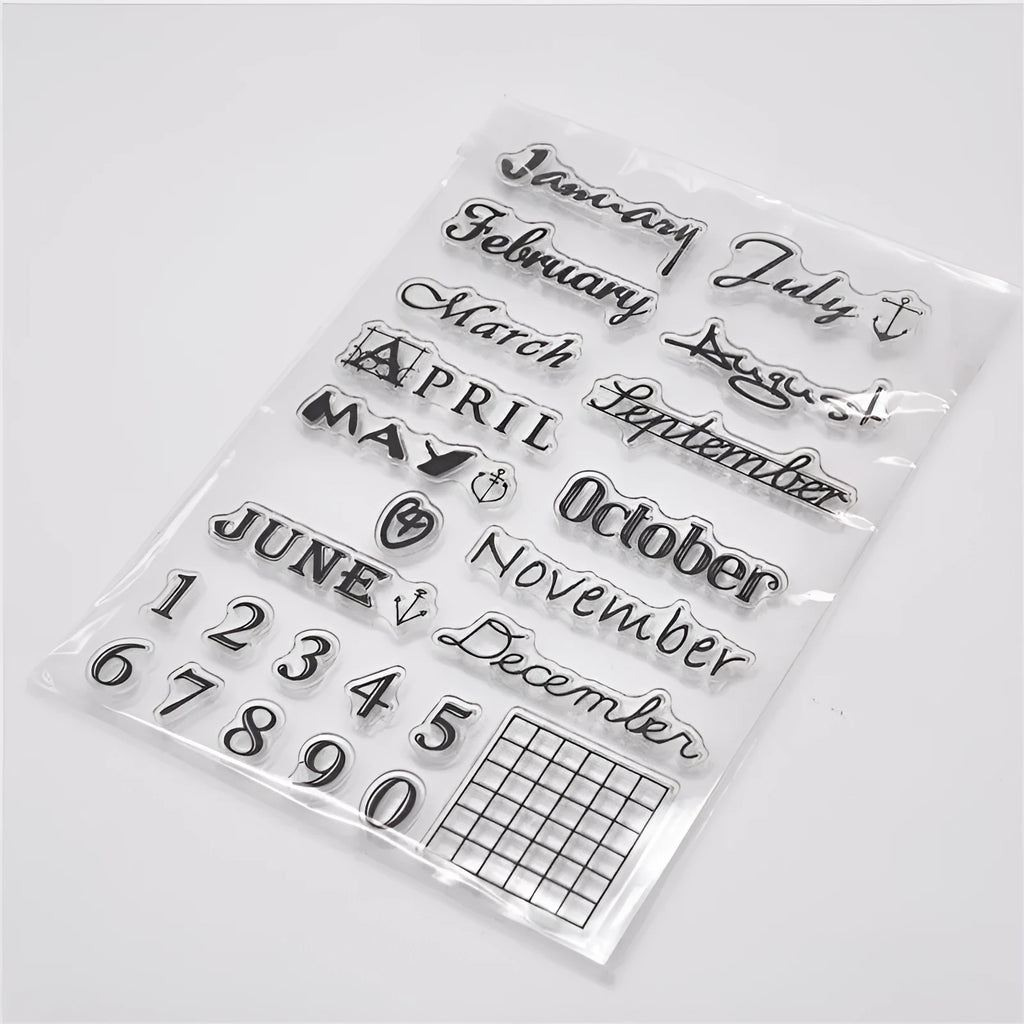 Transparent silicone rubber stamp with a raised vintage digital table clock design.